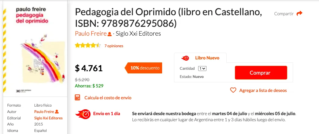 Comprar Libro Pedagogia del Oprimido Fisico Tapa Blanda Argentina